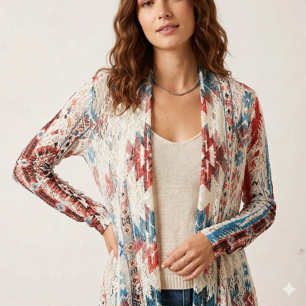 Origami By Vivien S/M Lace Cardigan Open Front Southwestern Aztec Boho